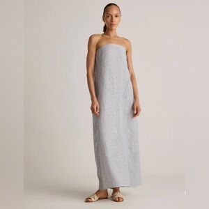 Quince 100% linen strapless maxi dress white blue stripe size small